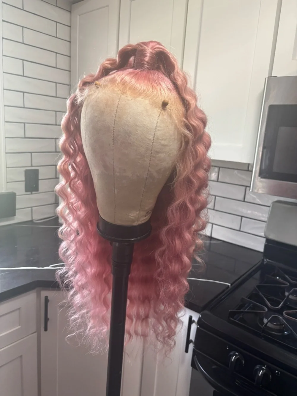 Human Hair Lace Front Wig- Long Wavy Pink Blonde Unit - Picture 6 of 8